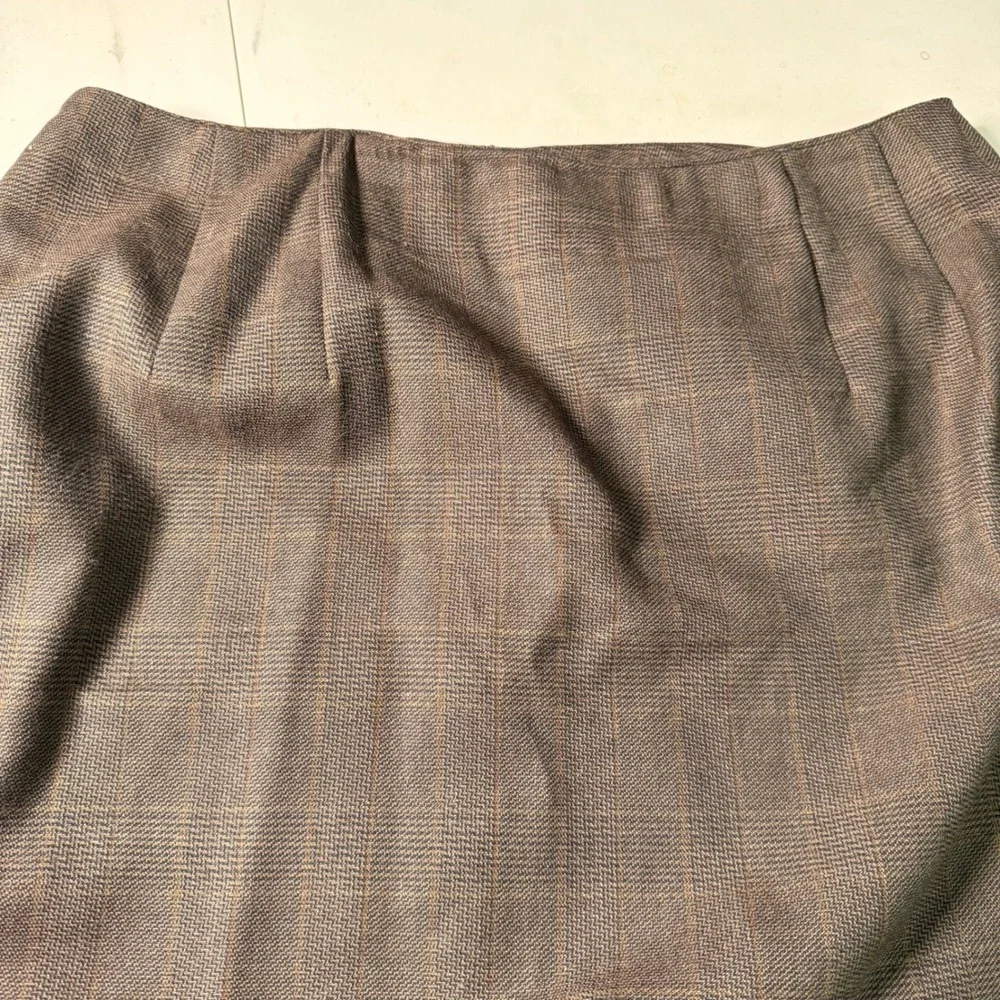 Harve Benard Sport Vintage Brown Glen Plaid 100% Wool Fringe Midi Skirt Size 14